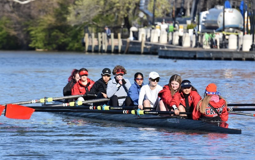 The girls crew team rowing on the Potomac River over spring break. They are training for upcoming competitions that have led them to state qualifiers.
