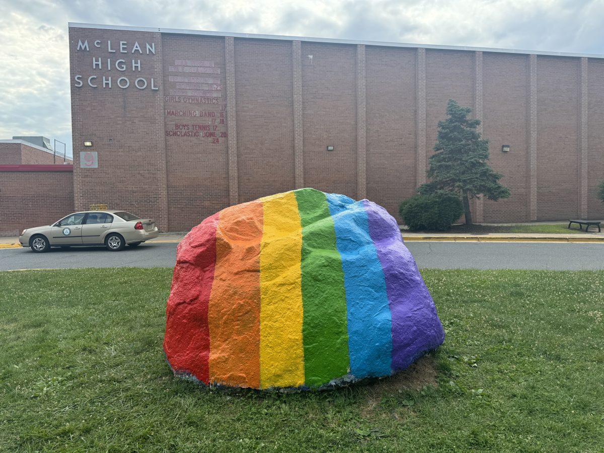 McLeans+rock+was+painted+in+a+rainbow+pattern+to+celebrate+pride+month+and+McLeans+LGBTQ%2B+community.+The+rock+was+painted+after+school+on+June+10.