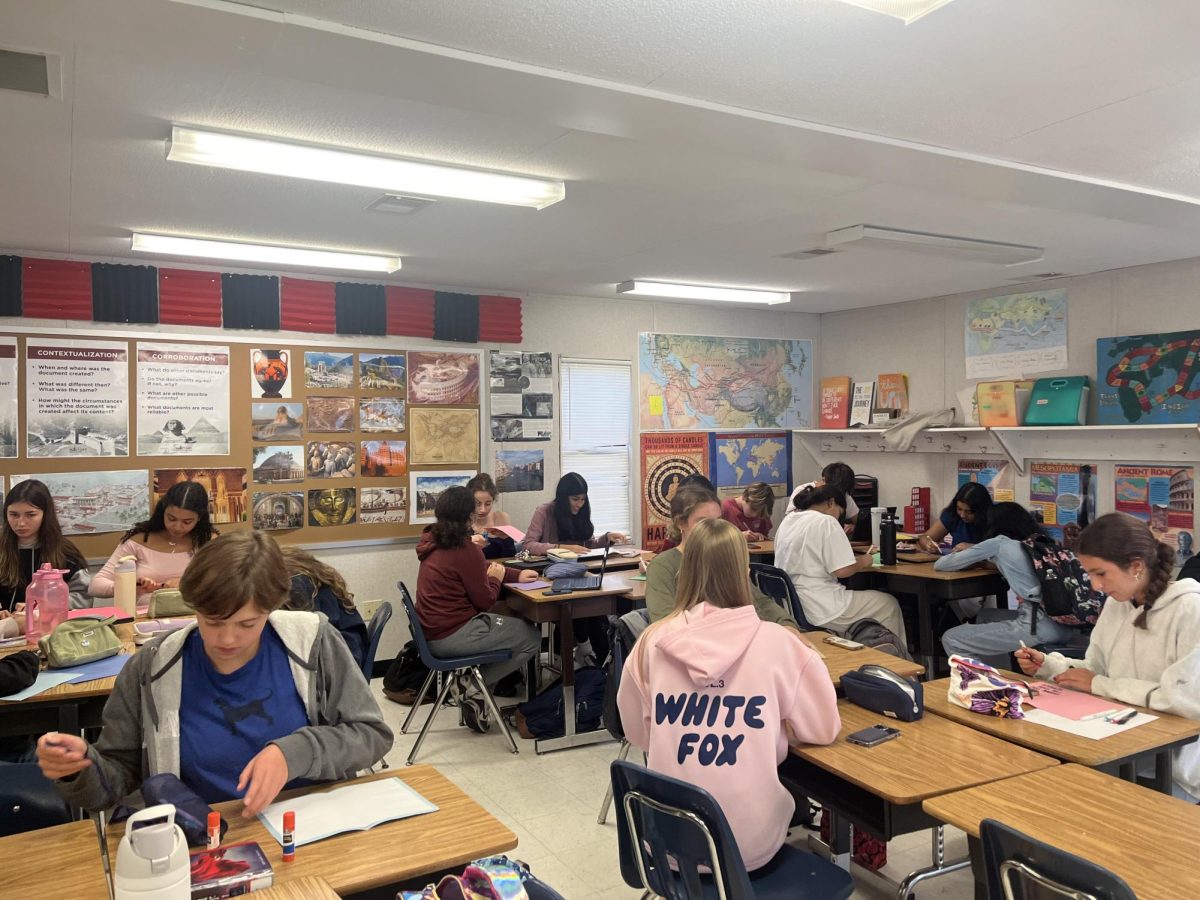 Students gathered after school for the second Red Cross meeting of the year in Trailer 16. They were making cards for veterans.