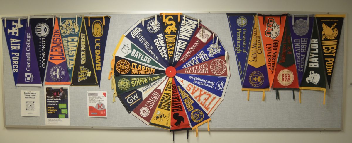 In the Student Services office, the College and Career Center college board lists colleges from across the United States.