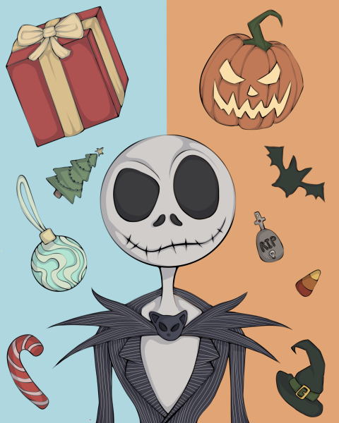 Jack Skellington standing in the middle of a blue and orange background. On the blue side is Christmas, and on the orange side is Halloween.