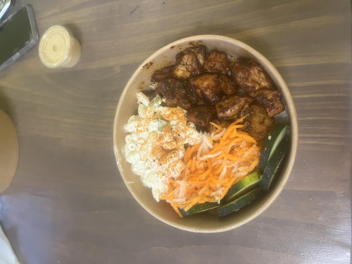 The Hawaiian-ish bowl from Okonomi Asian Grill is a delicious combination of spicy chicken, creamy Mac and cheese salad, and refreshing vegetables. For $12.50, this bowl is sure to put anyone in a good mood.