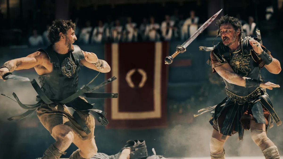 Lucious (Paul Mescal) and Acacius (Pedro Pascal) battle for their lives in the Colosseum. As they clash, their brawl becomes not just a fight for survival, but for honor. 