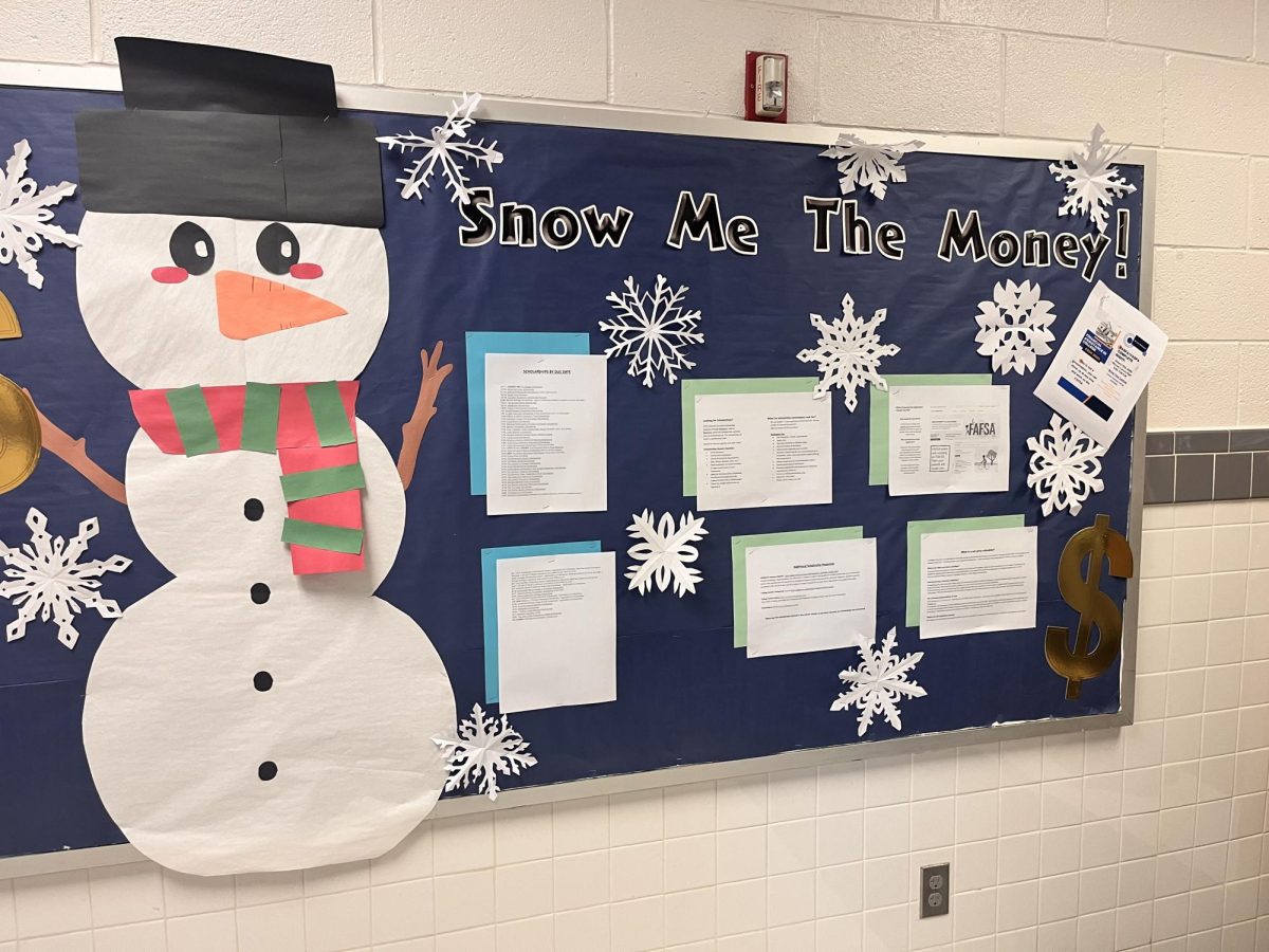 Applying for Aid – The bulletin board outside of Student Services showcases potential college financial aid options. It displays information on scholarships, necessary forms, and scholarship committees. 