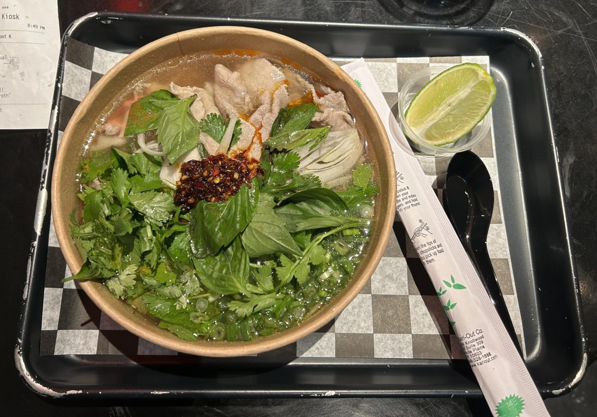 The Beef Steak Pho, priced at $15.50, consists of a spicy broth and soft beef, as well as noodles. While the low-carb noodles we subbed were tougher than expected, regular noodles would certainly put this dish over the top.