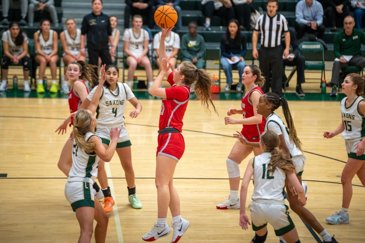 Senior Tatum Olson prepares to shoot during McLean's game against Langley. Olson played strong offensively throughout the game. 