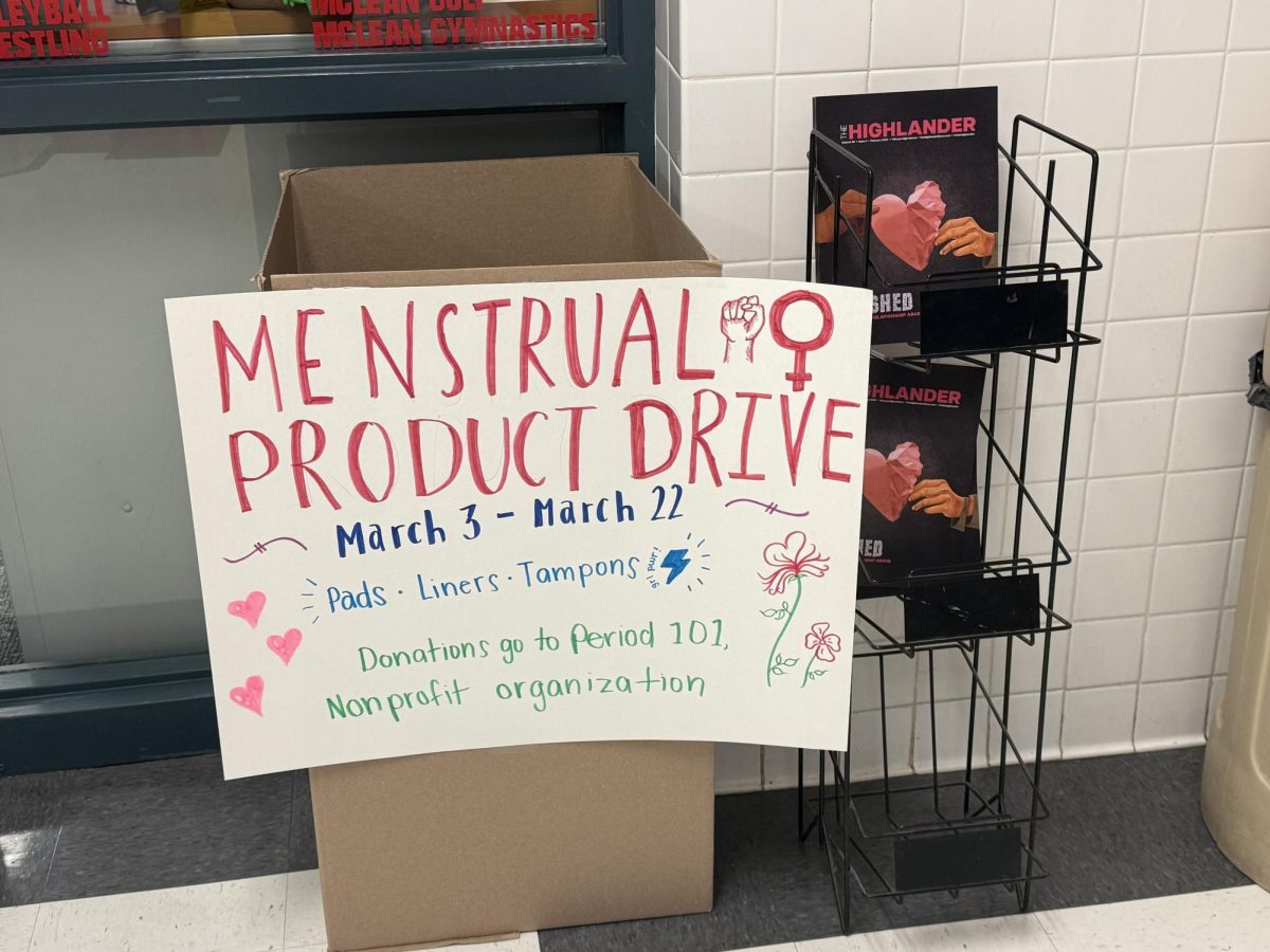 One of the menstrual product drive donation boxes located outside the doors of the front office. Donation boxes are also located by the cafeteria and by the career center, as well as other schools and community centers around McLean.