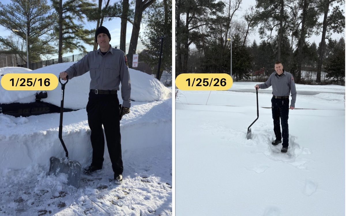 SRO Davis shovels snow in both images, on Jan. 25, 2016 on the left and Jan. 25, 2026 on the right.  Davis remembers shoveling snow with fellow officers on the same day 10 years ago.