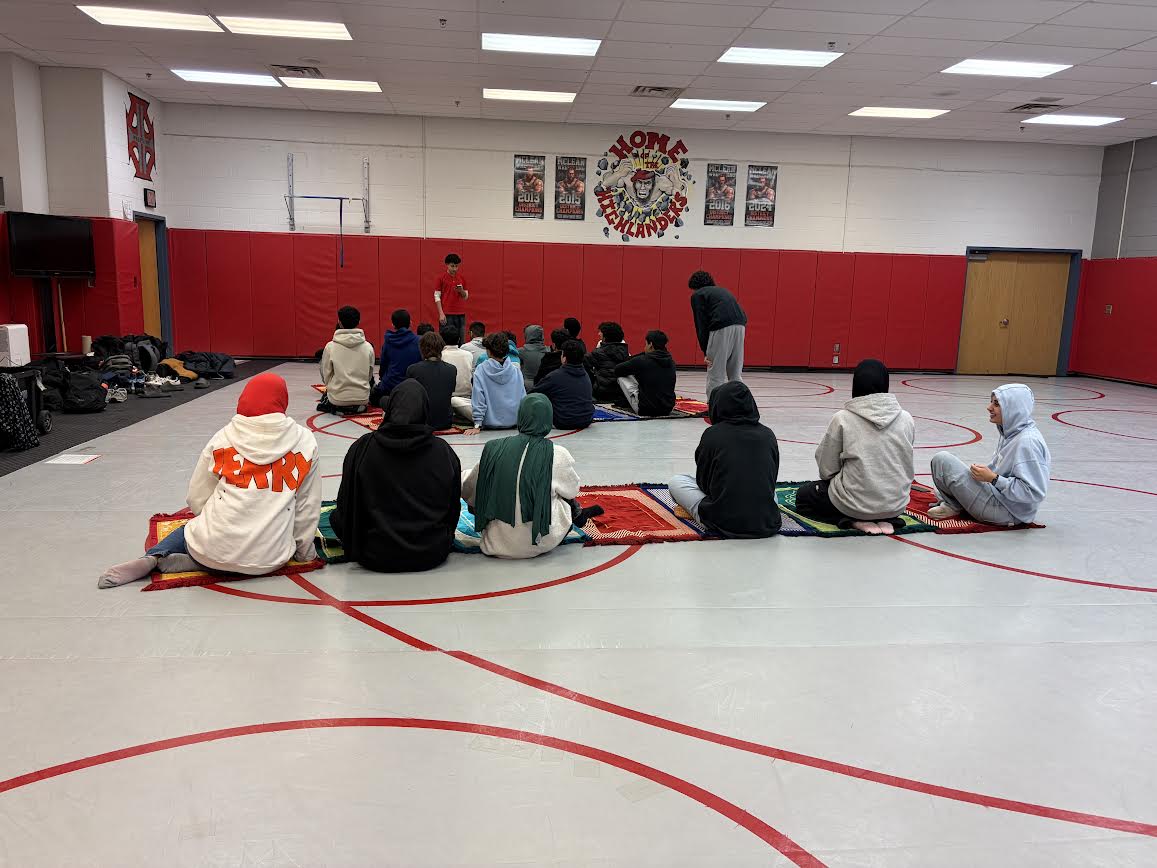 Students gather to listen to a sermon before performing prayer as part of the weekly Friday prayers held by the Muslim Student Association. There are only three Friday prayers left until Ramadan.