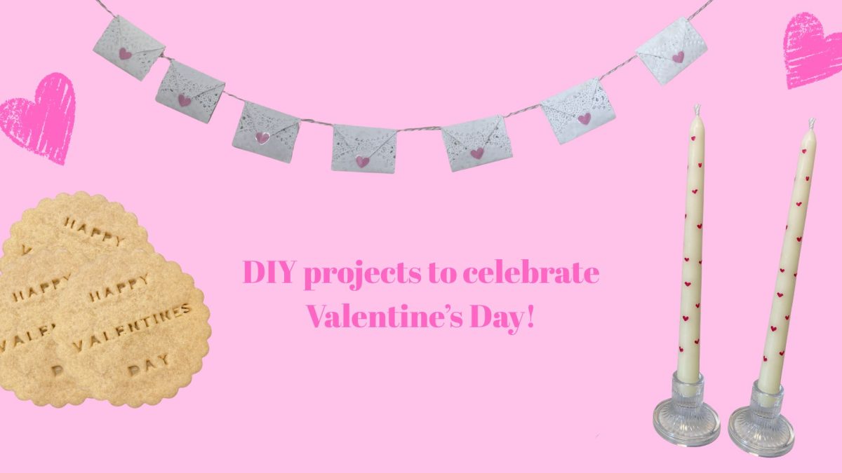 Decorate for Valentine's Day with these fun crafts. From left to right: Message Cookies, Valentine's Day Garland and Heart Candles.