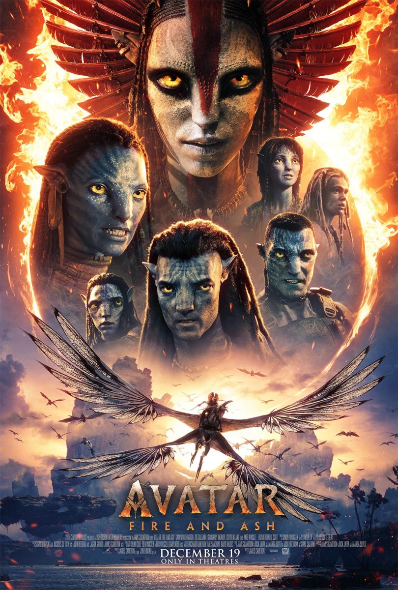 A movie poster for Avatar: Fire and Ash. The poster depicts many of the lead characters as well as the environment in which the story takes place.