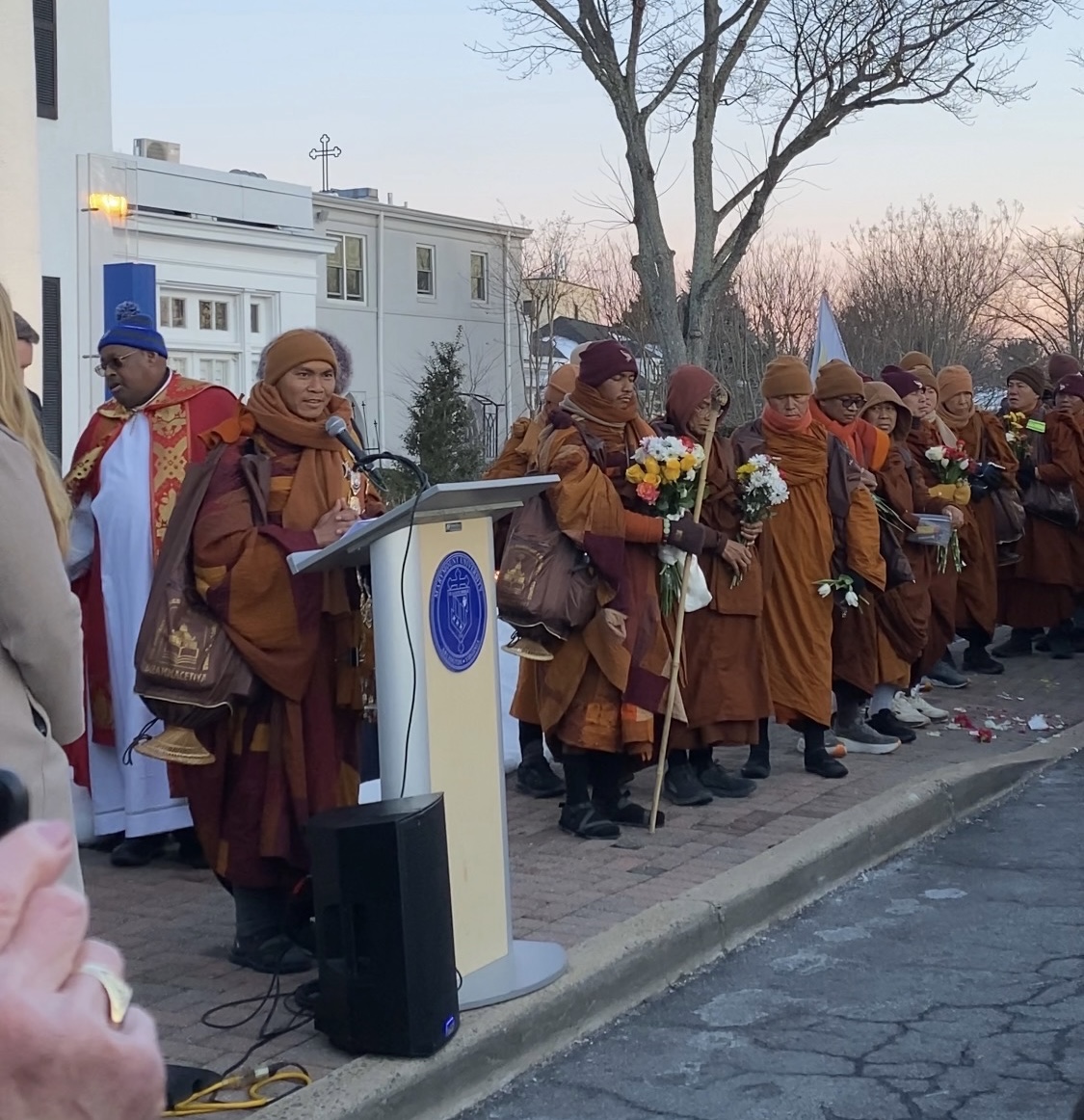 Venerable Bhikkhu Pannakara, leader of the Walk for Peace, addresses a crowd at Marymount University. He spoke about mindfulness and compassion as central themes of the monks’ 2,300-mile pilgrimage from Texas to Washington, D.C.