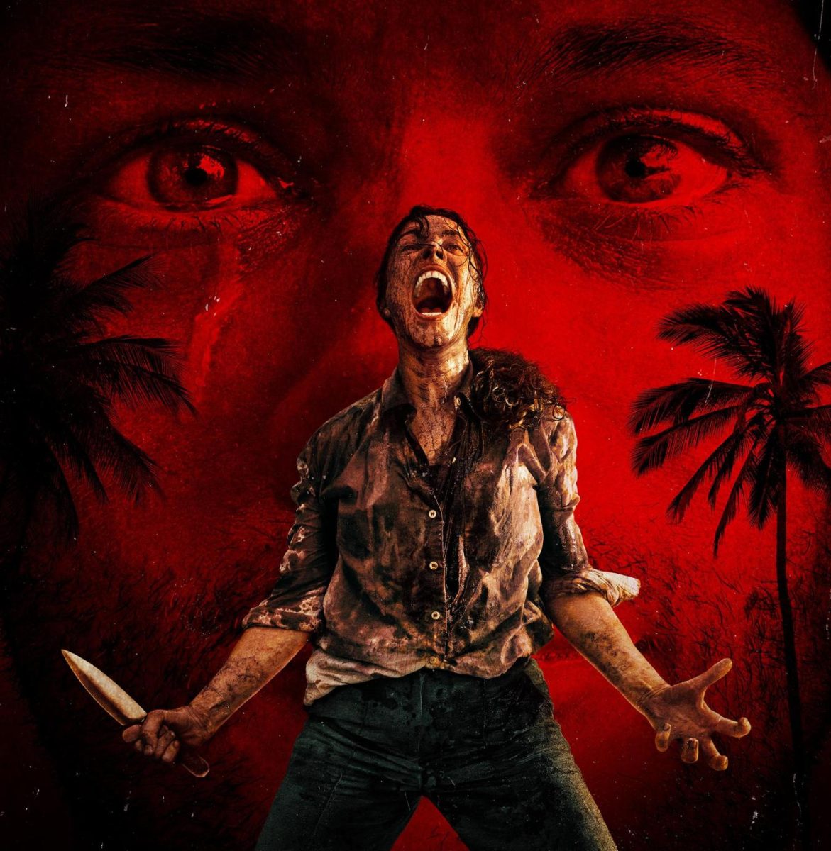 The poster for Send Help (2026) shows a crazed survivor clutching a knife in front of looming eyes and palm trees, hinting at the film's stranded island setting and intense conflict. The imagery reflects the film's themes of survival and shifting power, suggesting how quickly control can change when two rivals are forced to rely on one another. 