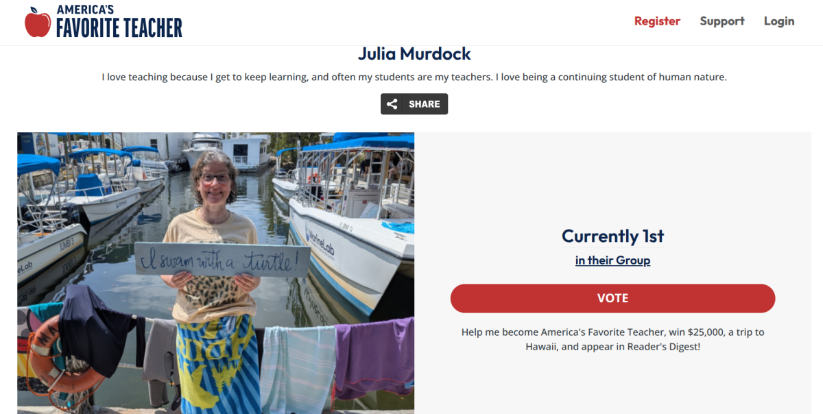 Biology teacher Julia Murdock has entered the national contest called "America's Favorite Teacher," and her bio and photo can be found on the site's voting page. Murdock is currently ranked first in her region.  