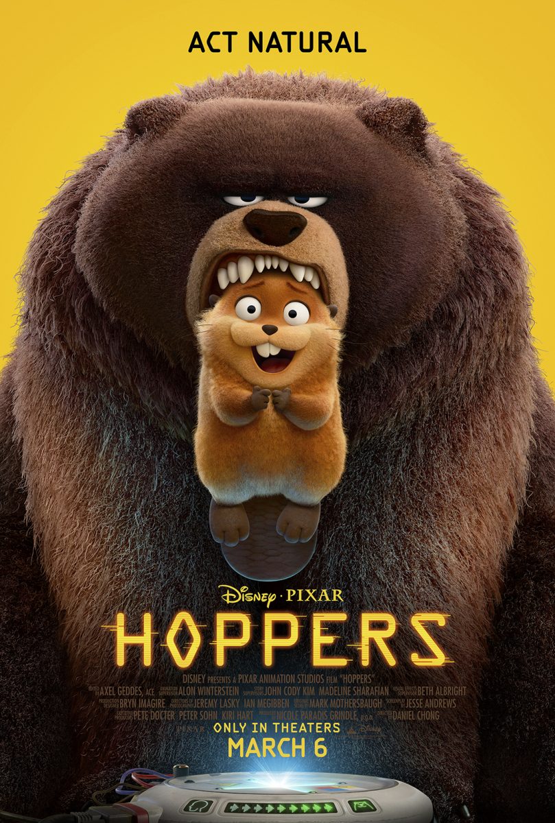 The poster for the hit film Hoppers features the lead, Mabel, being held in the mouth of a bear. This represents her joyful disposition when navigating the scary new animal world as a human in a robot beaver.