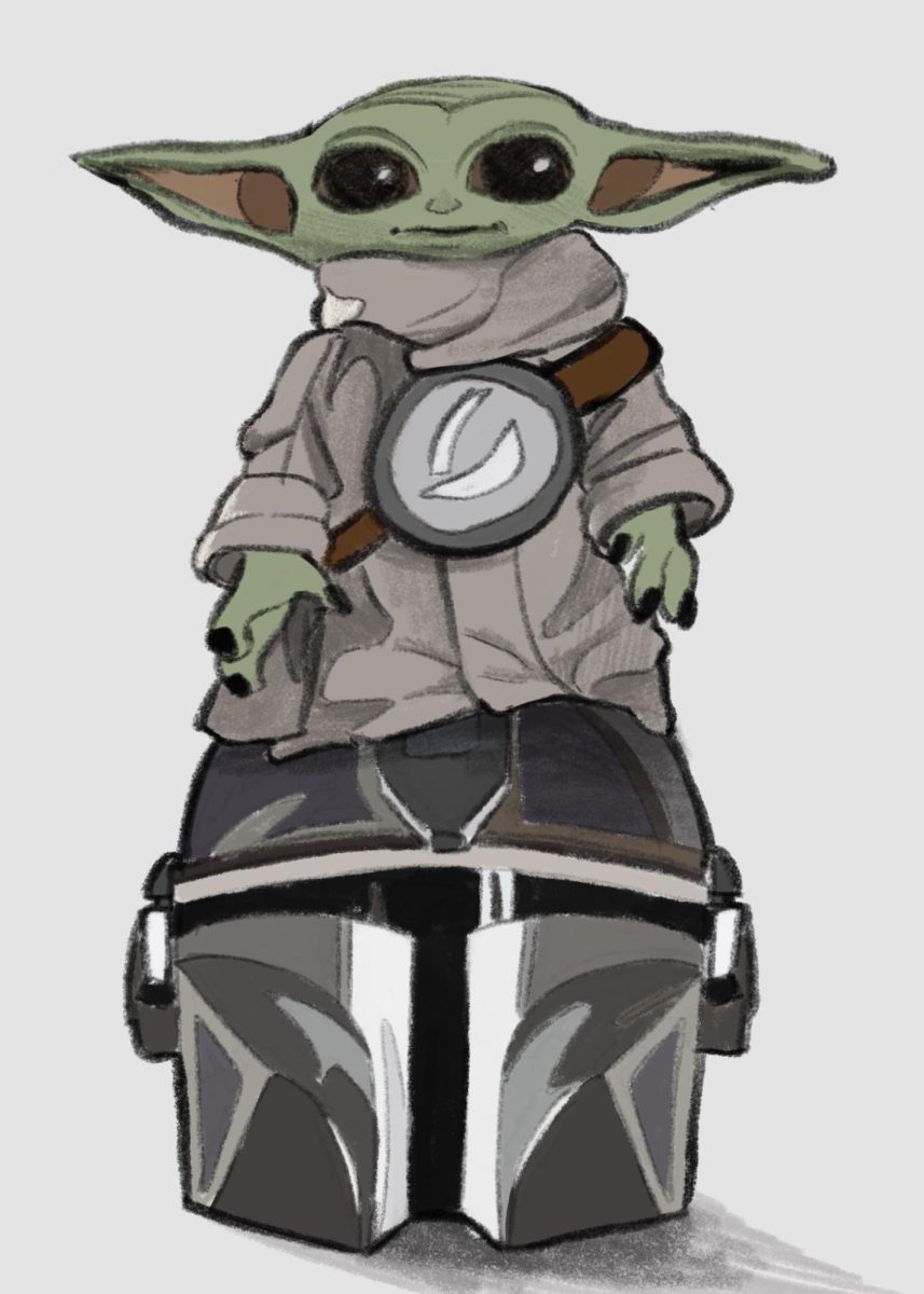 The cartoon depicts Grogu on top of The Mandalorian's helmet. The cartoon portrays the fun, lighthearted feel of the movie, as well as the attention on Grogu in the new film.