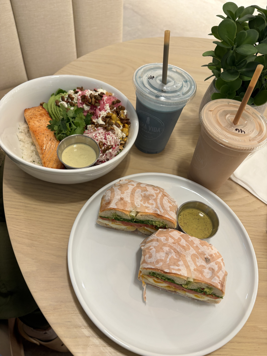 This is an image of the food we purchased at Pura Vida Miami. On the back left is the Coco Azul. On the back right is the Chocolate PB. On the front left is the Avocado Salmon Bowl. On the front right is the Perfect Egg Sandwich. All products had a nice presentation to them and looked very visually appealing