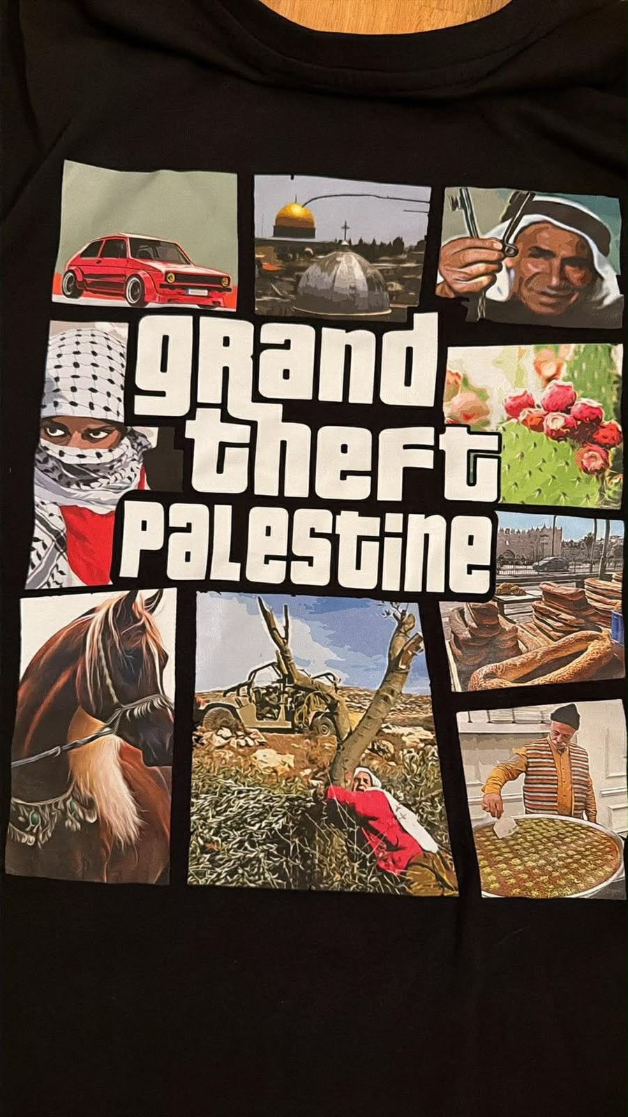A student at TJHSST wore this shirt and was instructed to remove it due to a weapon appearing on the shirt. The student later realized there was no weapon, and felt that she was targeted due to the writing "Grand Theft Palestine."